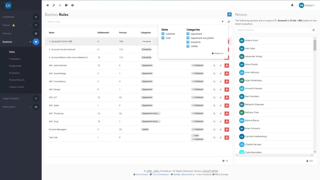 HelloID Screenshot: Filter business rules