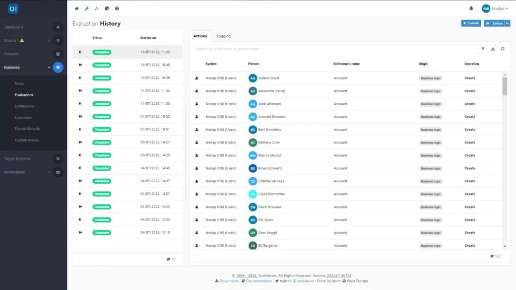 HelloID Screenshot: Evaluation of the impact of a business rule change
