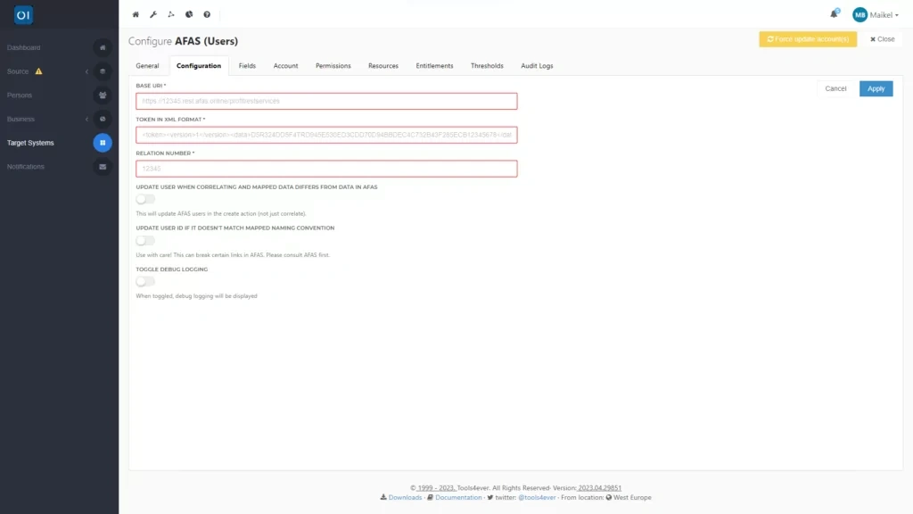 HelloID Screenshot: Graphical configuration of target connector