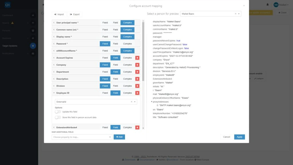 HelloID Screenshot: Configure update field in mapping