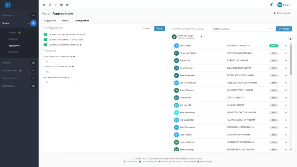 HelloID Screenshot: Configuration of matching scores for person aggregation