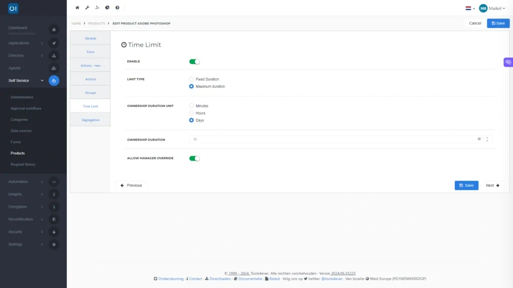 HelloID Screenshot: Self-service product time limit