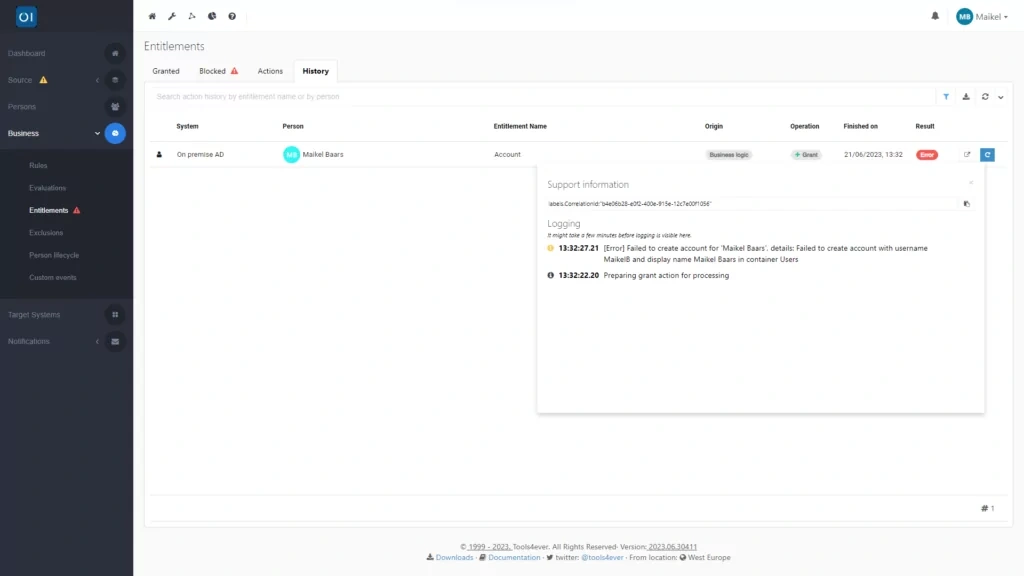 HelloID Screenshot: Error logging bij testen met &eacute;&eacute;n persoon