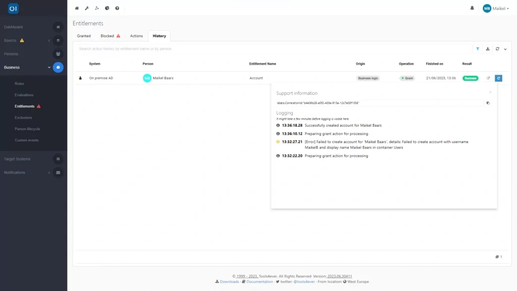 HelloID Screenshot: Logging bij testen met &eacute;&eacute;n persoon na retry
