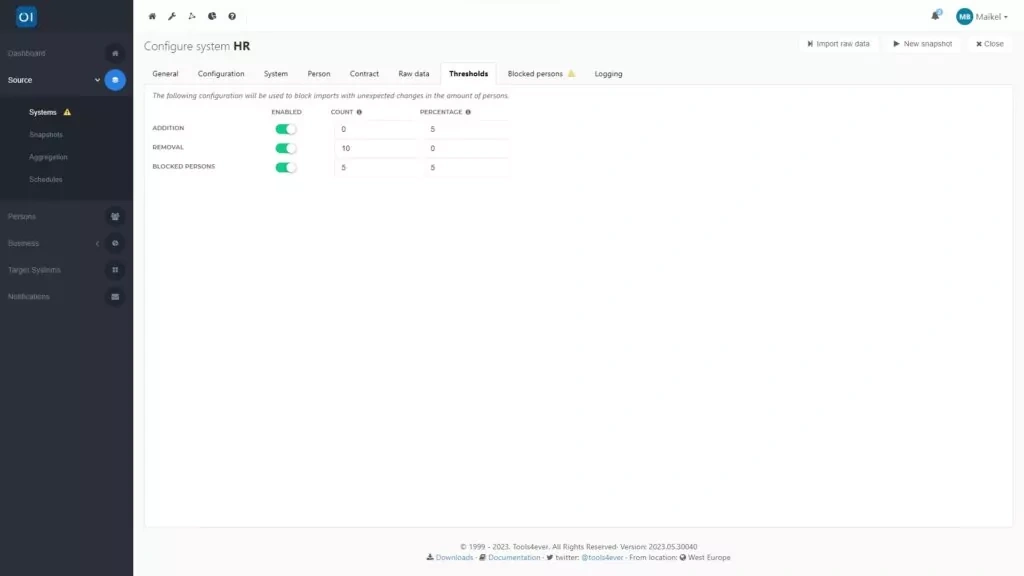 HelloID Screenshot: Configure thresholds for source system
