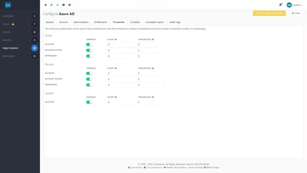 HelloID Screenshot: Configure thresholds for target system