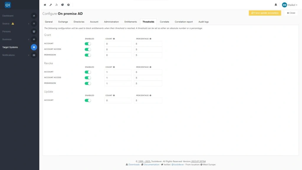 HelloID Screenshot: Thresholds for testing at go-live