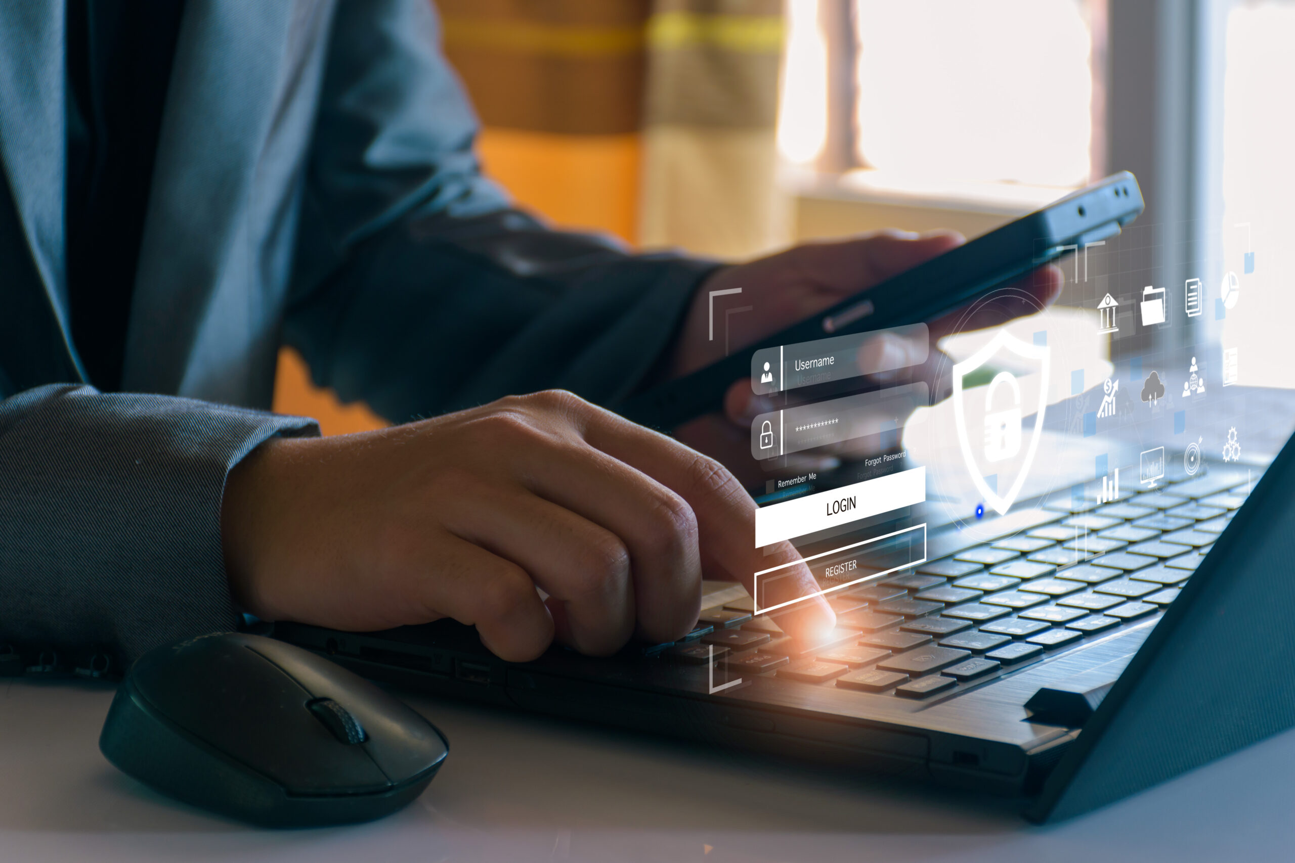 Cyber security concept. Businessman login access business sensitive information, data security, secure company internet network, hack protection, fingerprint scanner, cyber space, business security Automated Group Management